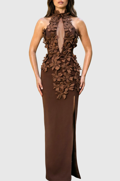 Atieno Floral Appliqué Maxi Bandage Dress - Brown