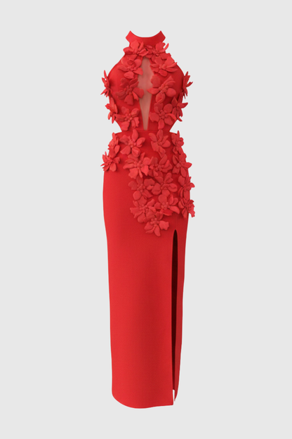 Atieno Floral Appliqué Maxi Bandage Dress - Red