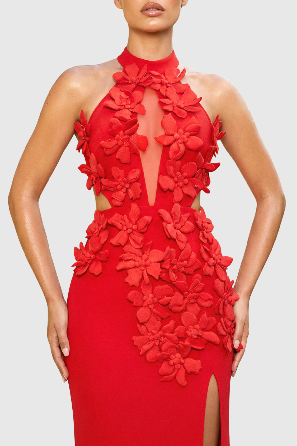 Atieno Floral Appliqué Maxi Bandage Dress - Red
