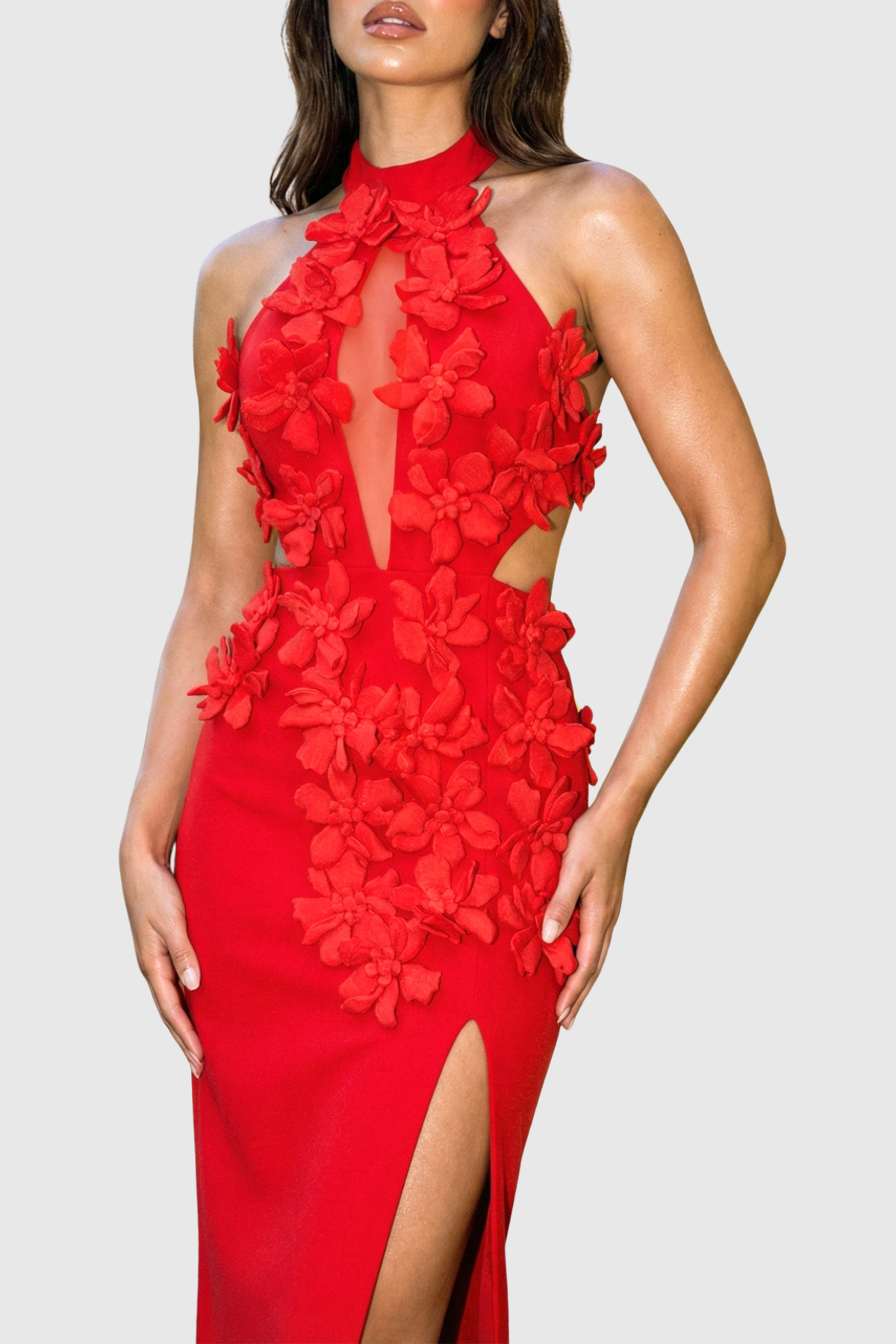 Atieno Floral Appliqué Maxi Bandage Dress - Red