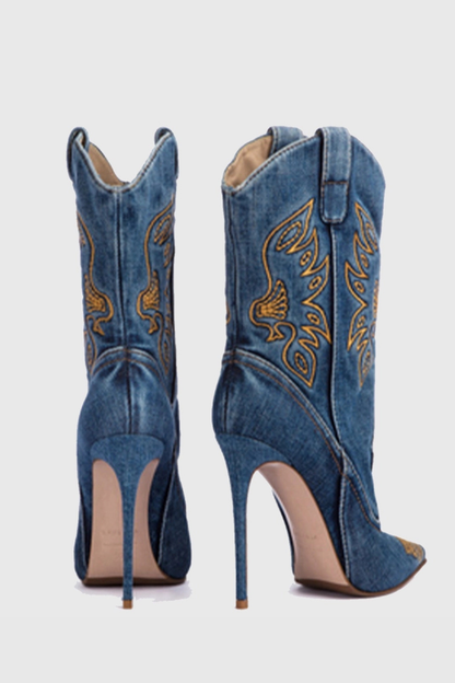 Atlas Embroidery Denim Cowboy Mid Calf Boots