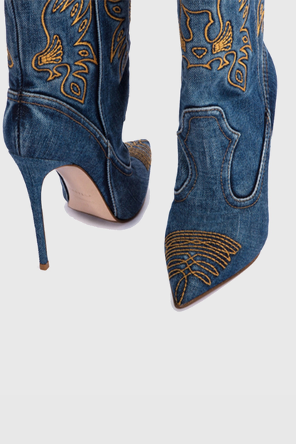 Atlas Embroidery Denim Cowboy Mid Calf Boots