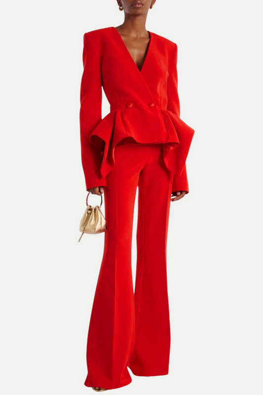 Audith Ruffled Blazer Two Piece Set - Red