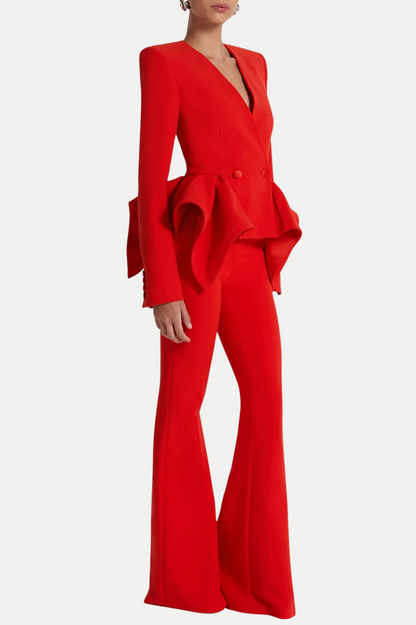 Audith Ruffled Blazer Two Piece Set - Red