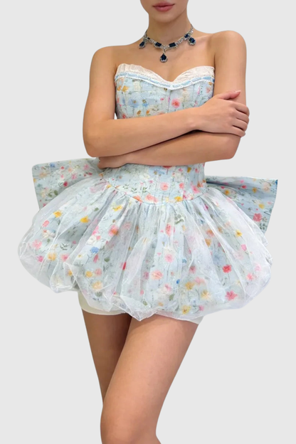 Audra Strapless Bow Bubble Mini Dress - Blue