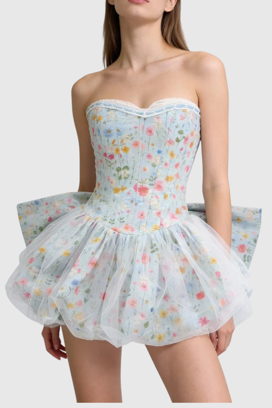 Audra Strapless Bow Bubble Mini Dress - Blue