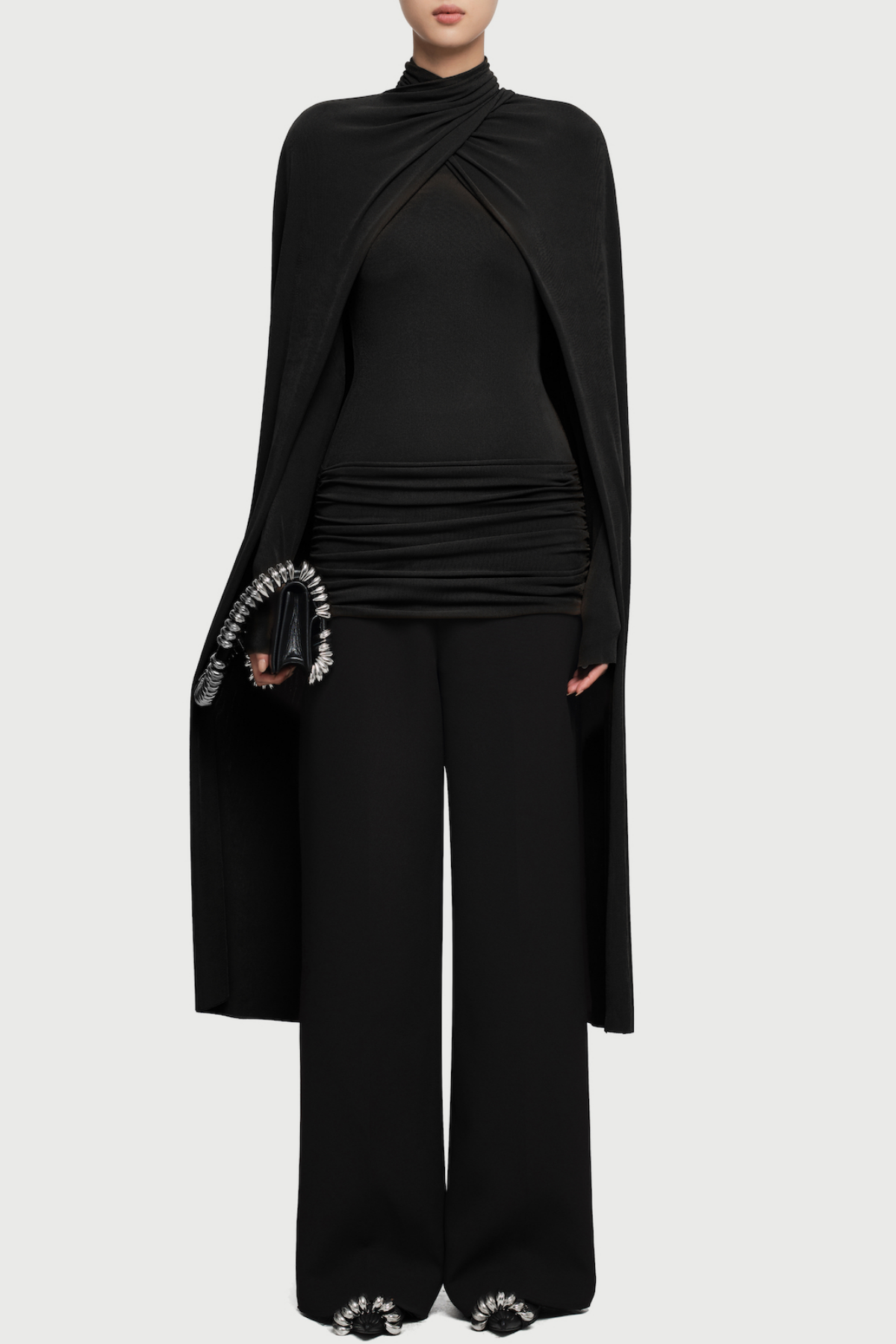 Aureta Symmetrical Flaps Ruched Top - Black