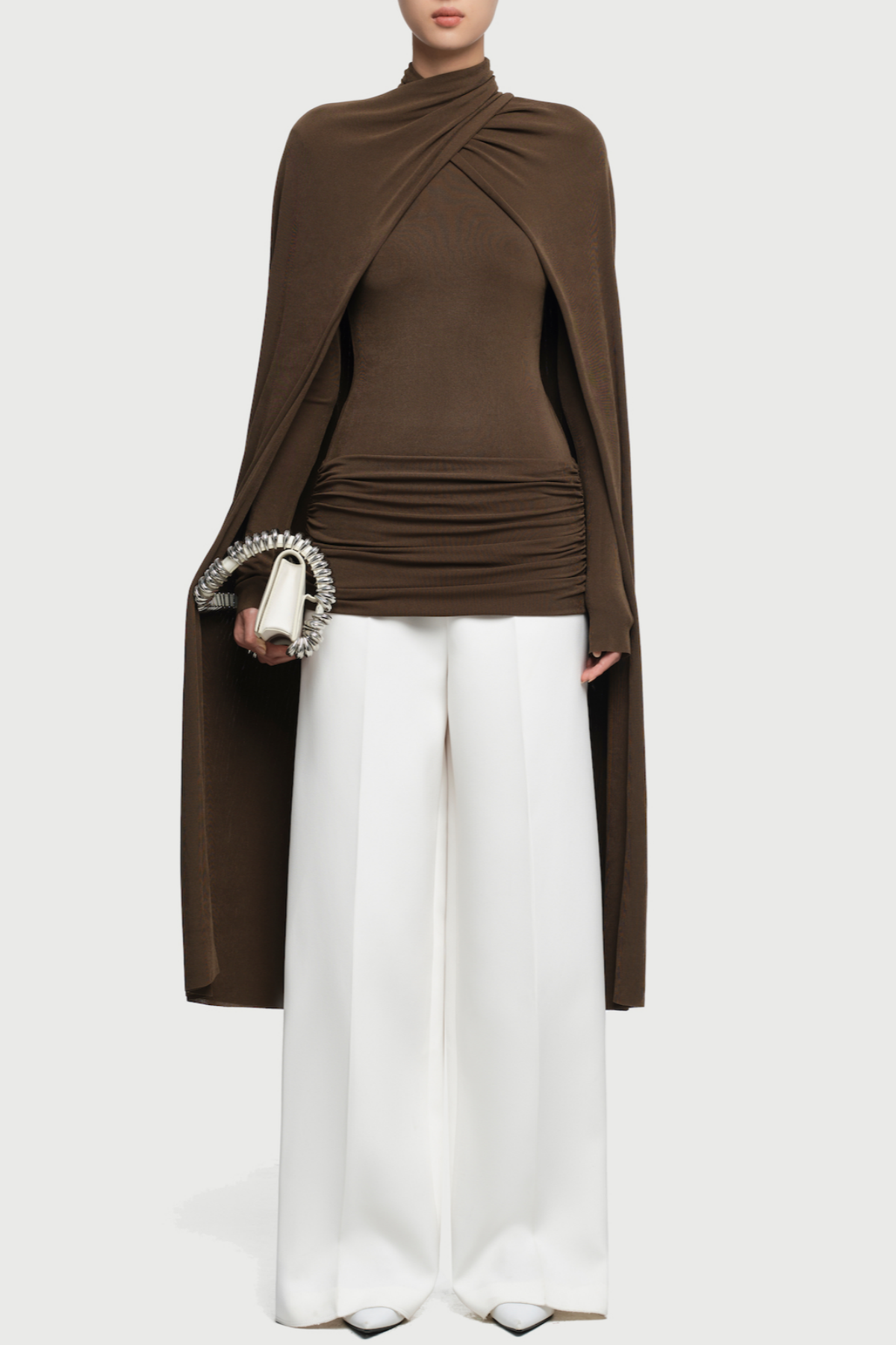 Aureta Symmetrical Flaps Ruched Top - Brown