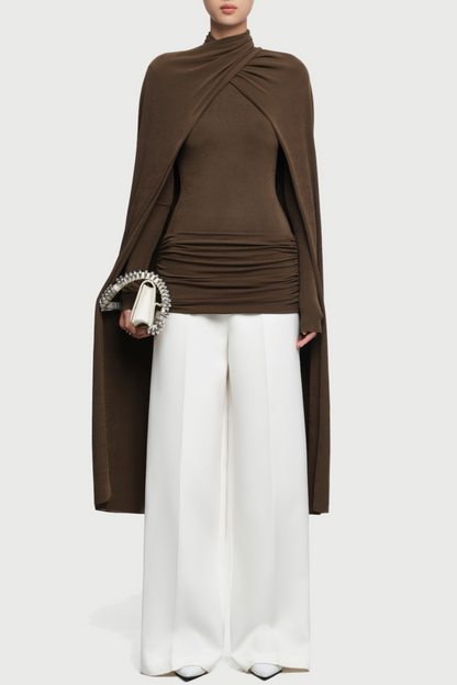 Aureta Symmetrical Flaps Ruched Top - Brown