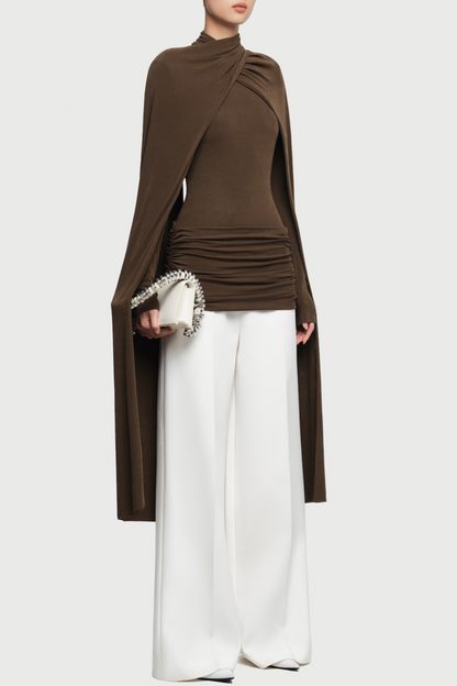 Aureta Symmetrical Flaps Ruched Top - Brown