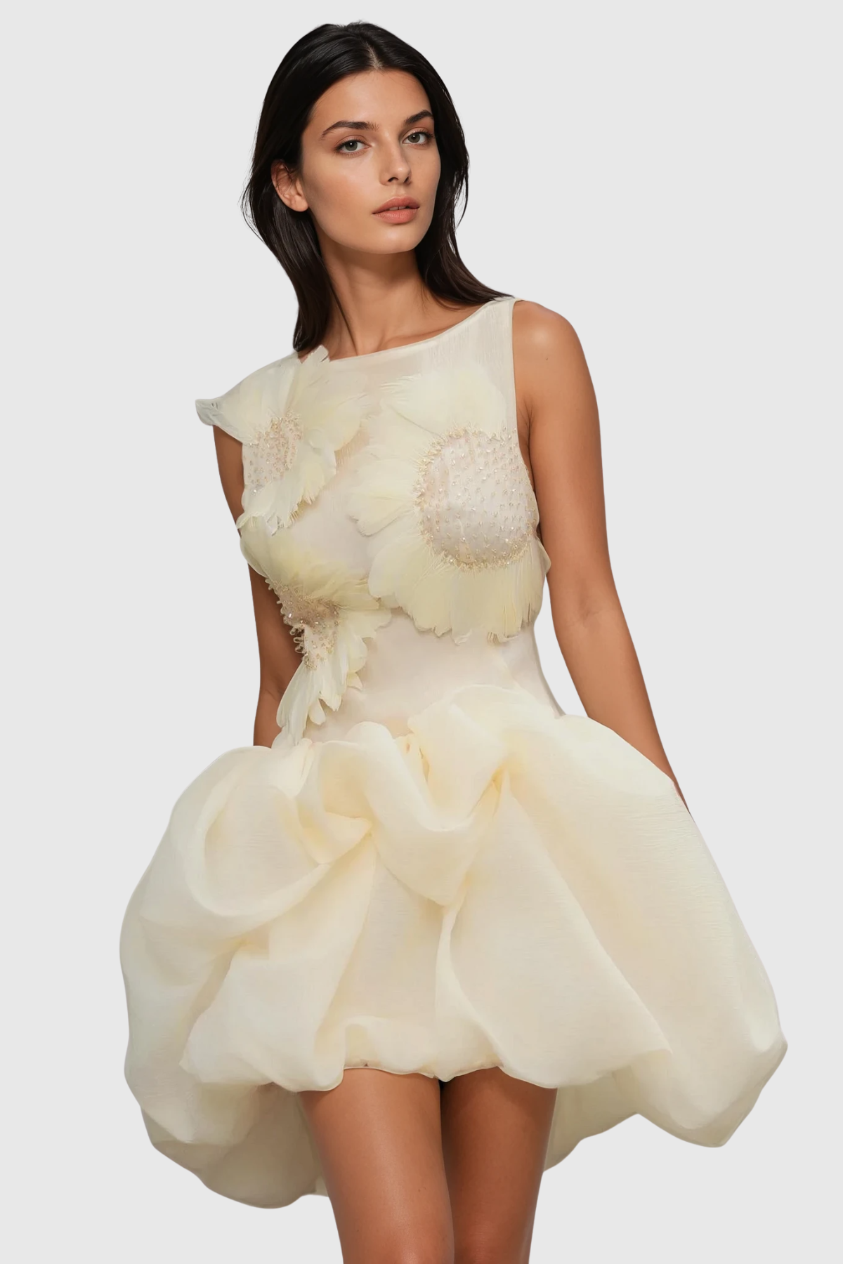 Aurice Floral Appliqué Sleeveless Mini Dress - Beige