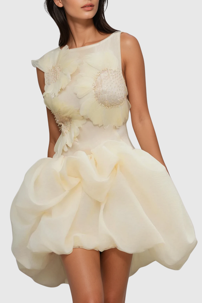 Aurice Floral Appliqué Sleeveless Mini Dress - Beige