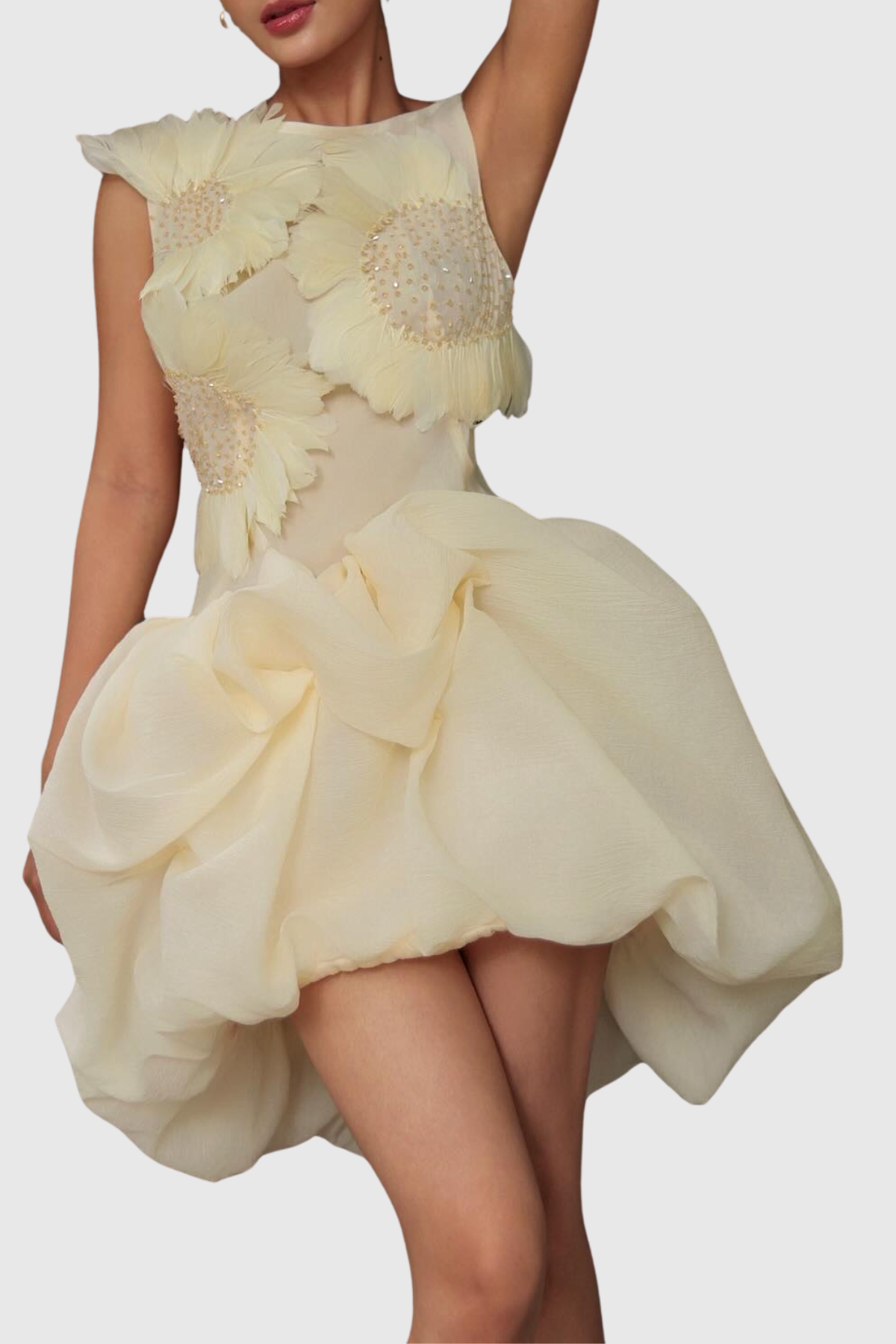 Aurice Floral Appliqué Sleeveless Mini Dress - Beige