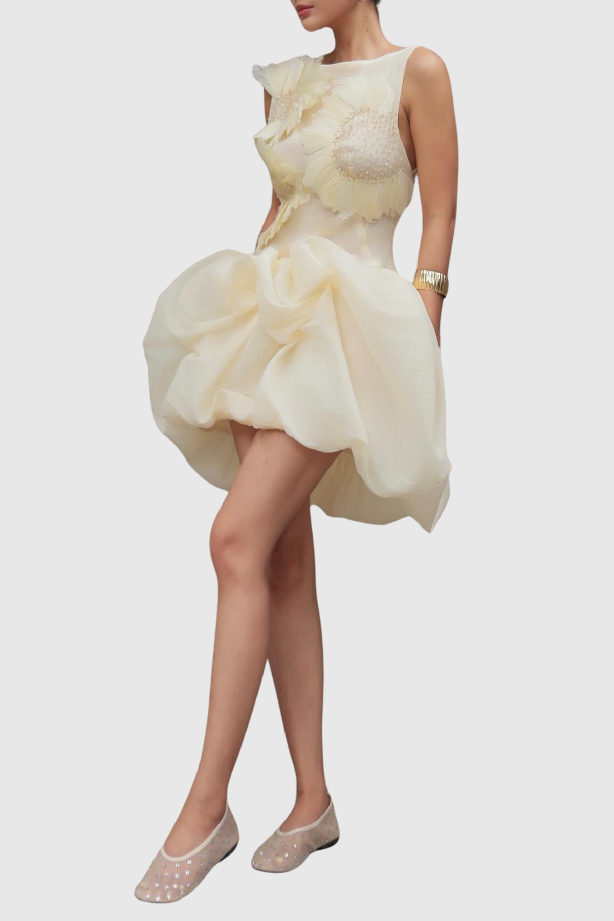 Aurice Floral Appliqué Sleeveless Mini Dress - Beige