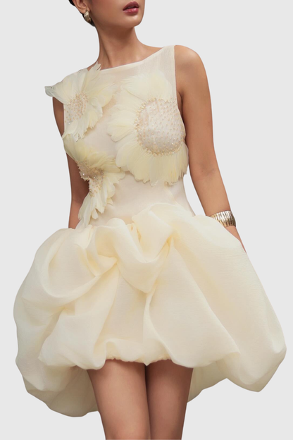 Aurice Floral Appliqué Sleeveless Mini Dress - Beige