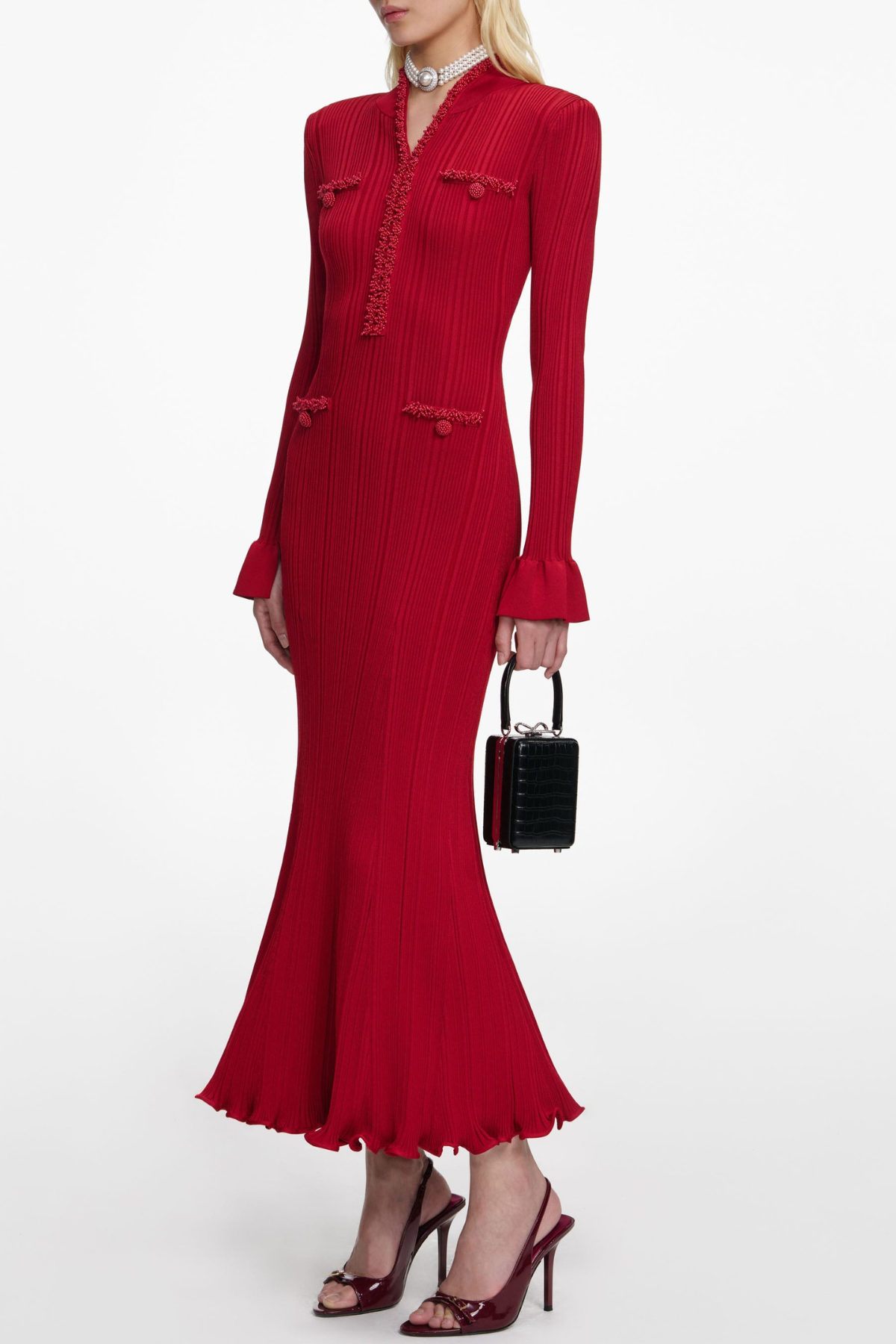 Austio Pearl Trim Knit Midi Dress