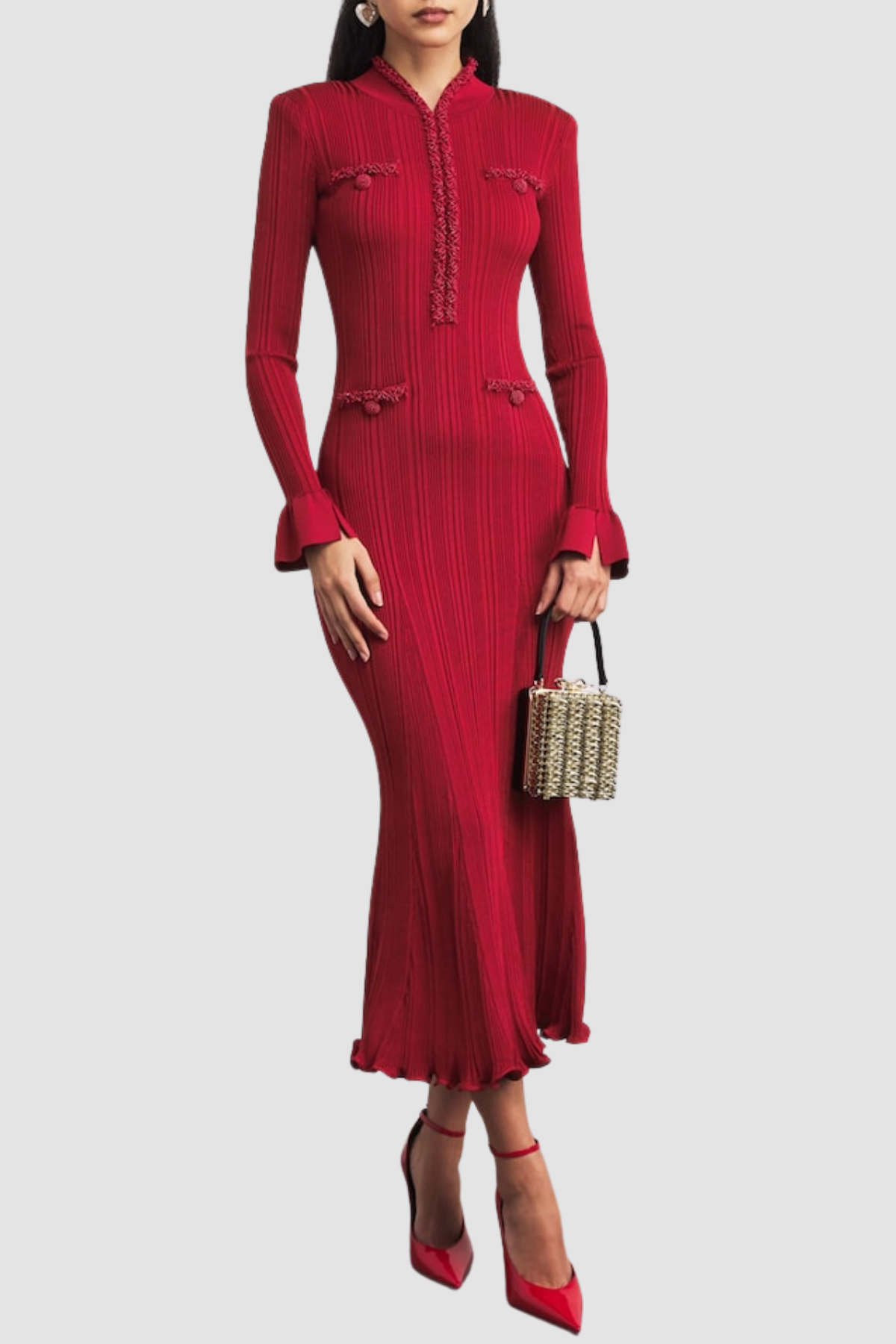 Austio Pearl Trim Knit Midi Dress