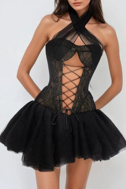 Avalise Halter Lace Up Puffy Mini Dress