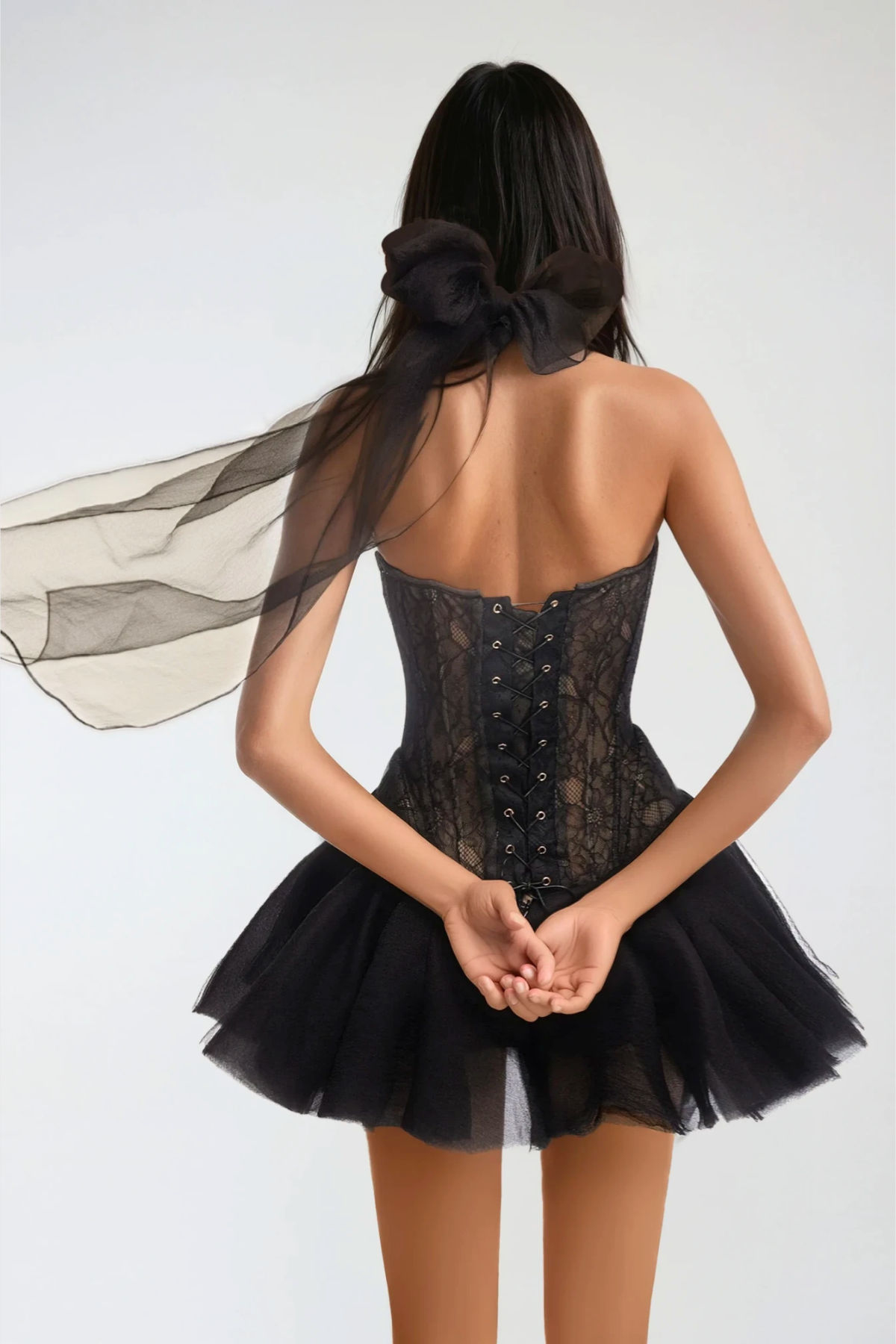 Avalise Halter Lace Up Puffy Mini Dress