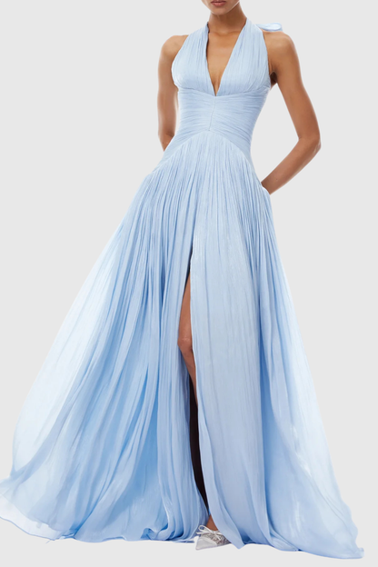 Averya Halter Glossy Gathered Maxi Dress