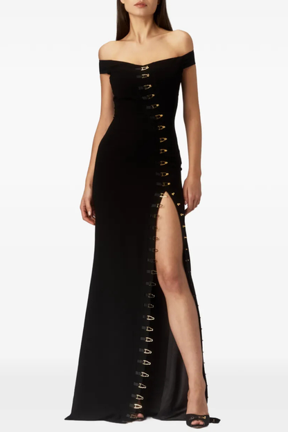 Axela Off Shoulder Split Maxi Dress - Black
