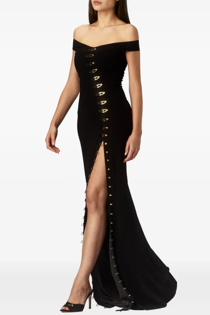 Axela Off Shoulder Split Maxi Dress - Black