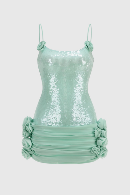 Azadeh Foral Sequin Ruched Mini Dress - Green