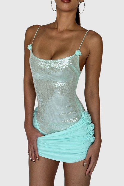 Azadeh Foral Sequin Ruched Mini Dress - Green