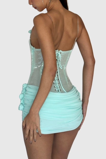 Azadeh Foral Sequin Ruched Mini Dress - Green