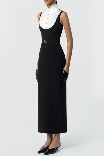 Azraya Sleeveless Collar Belted Maxi Dress