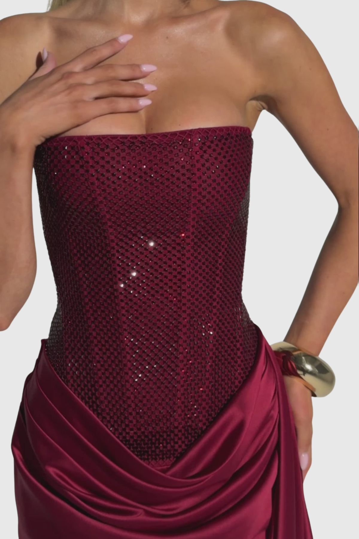 Bapata Crystal Corset Strapless Draped Mini Dress - Wine