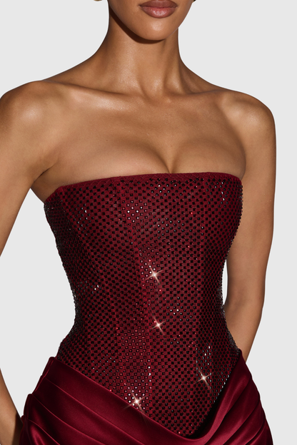 Bapata Crystal Corset Strapless Draped Mini Dress - Wine