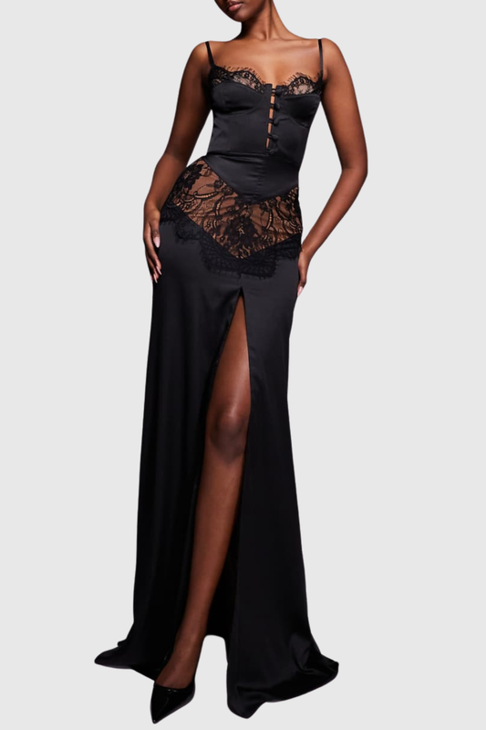 Barba Lace Satin Split Maxi Dress