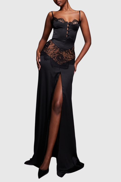 Barba Lace Satin Split Maxi Dress