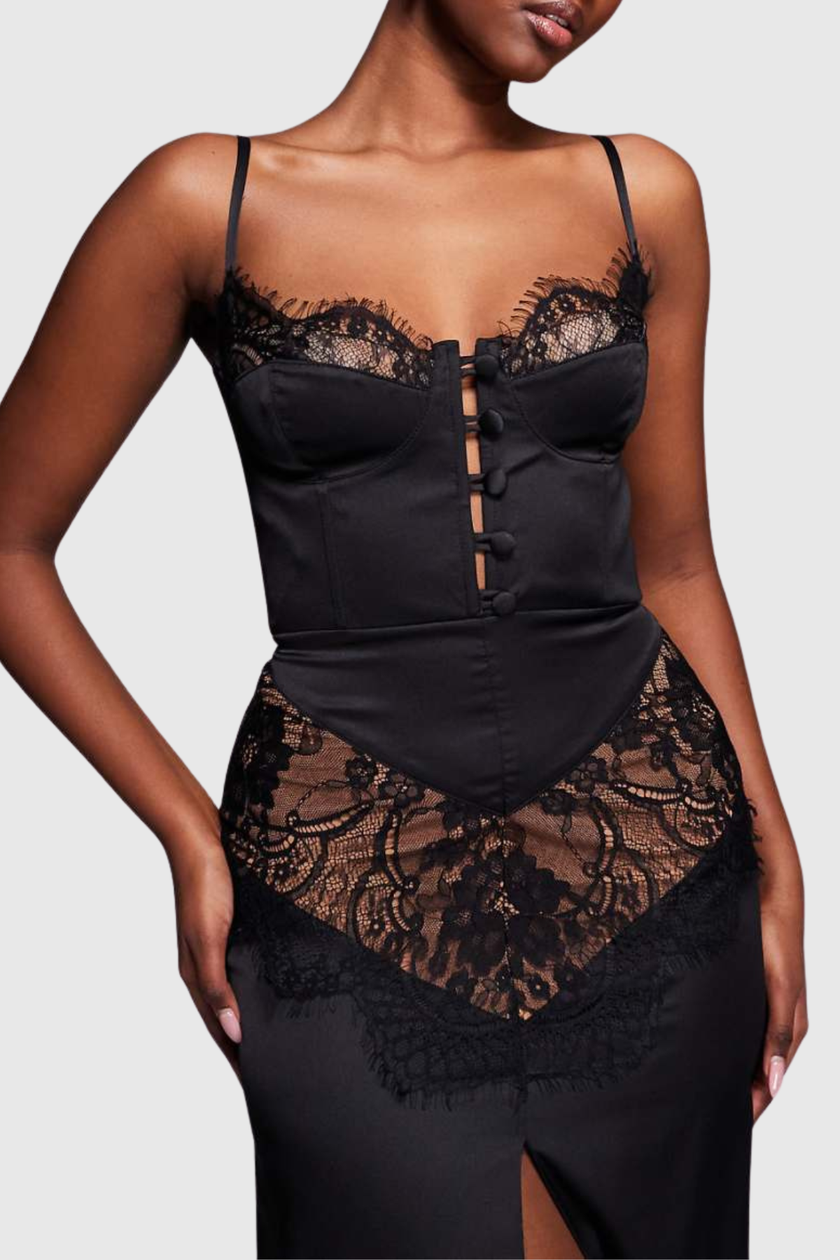 Barba Lace Satin Split Maxi Dress