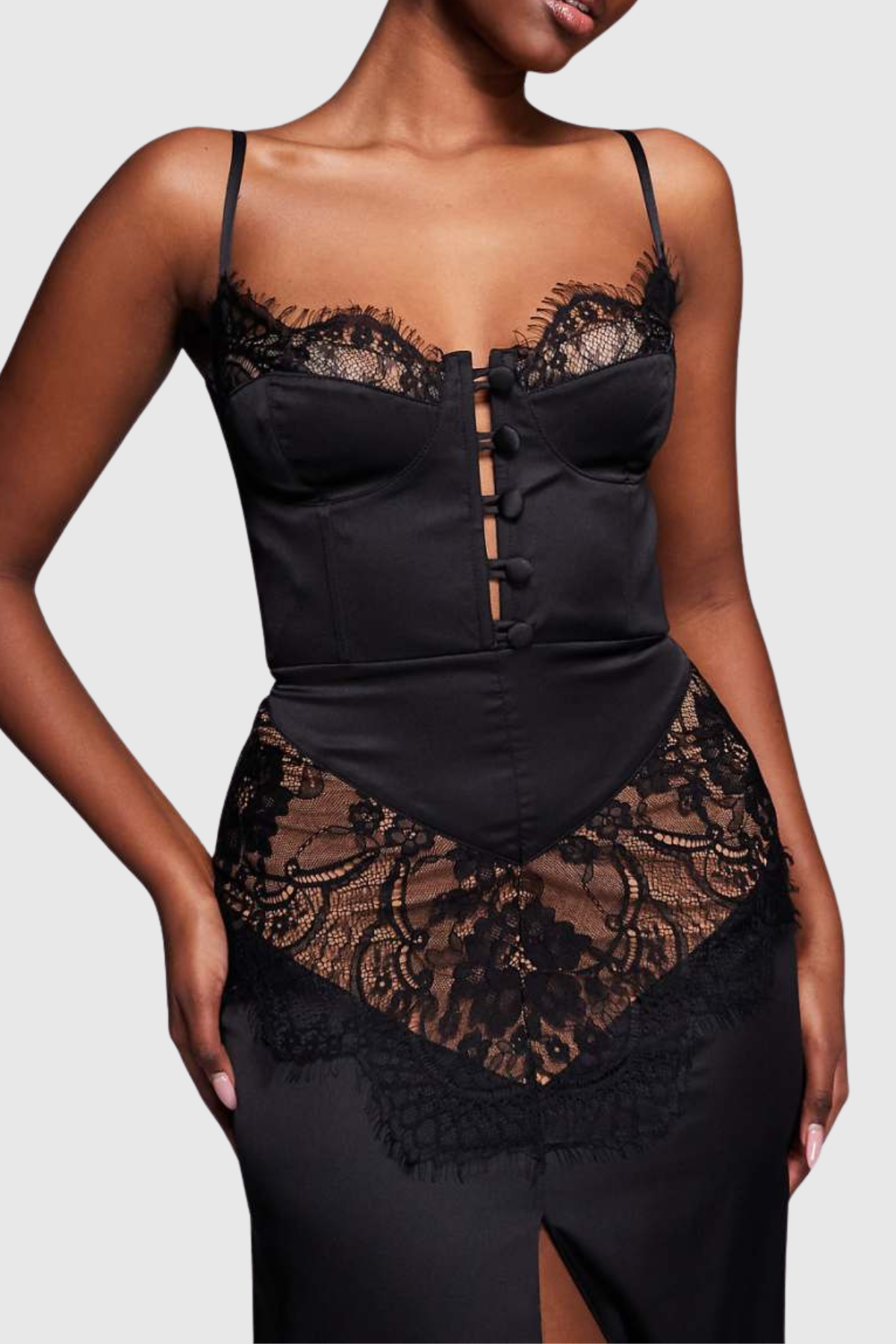 Barba Lace Satin Split Maxi Dress