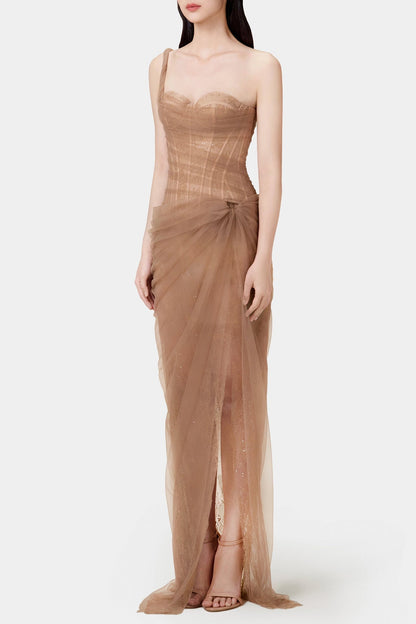 Inina Lace Corset One Shoulder Midi Dress - Brown