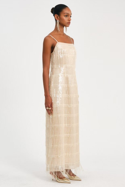 Basma Sequin Fringe Maxi Dress - Beige
