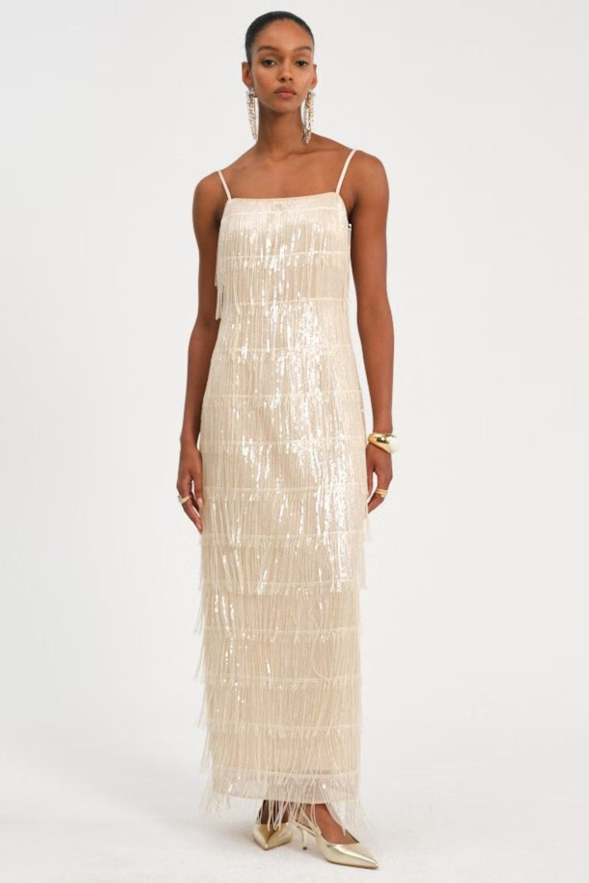 Basma Sequin Fringe Maxi Dress - Beige