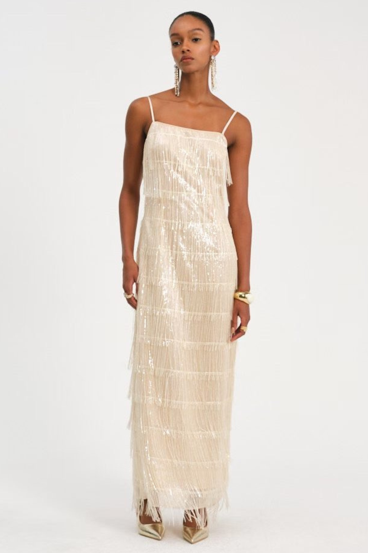 Basma Sequin Fringe Maxi Dress - Beige