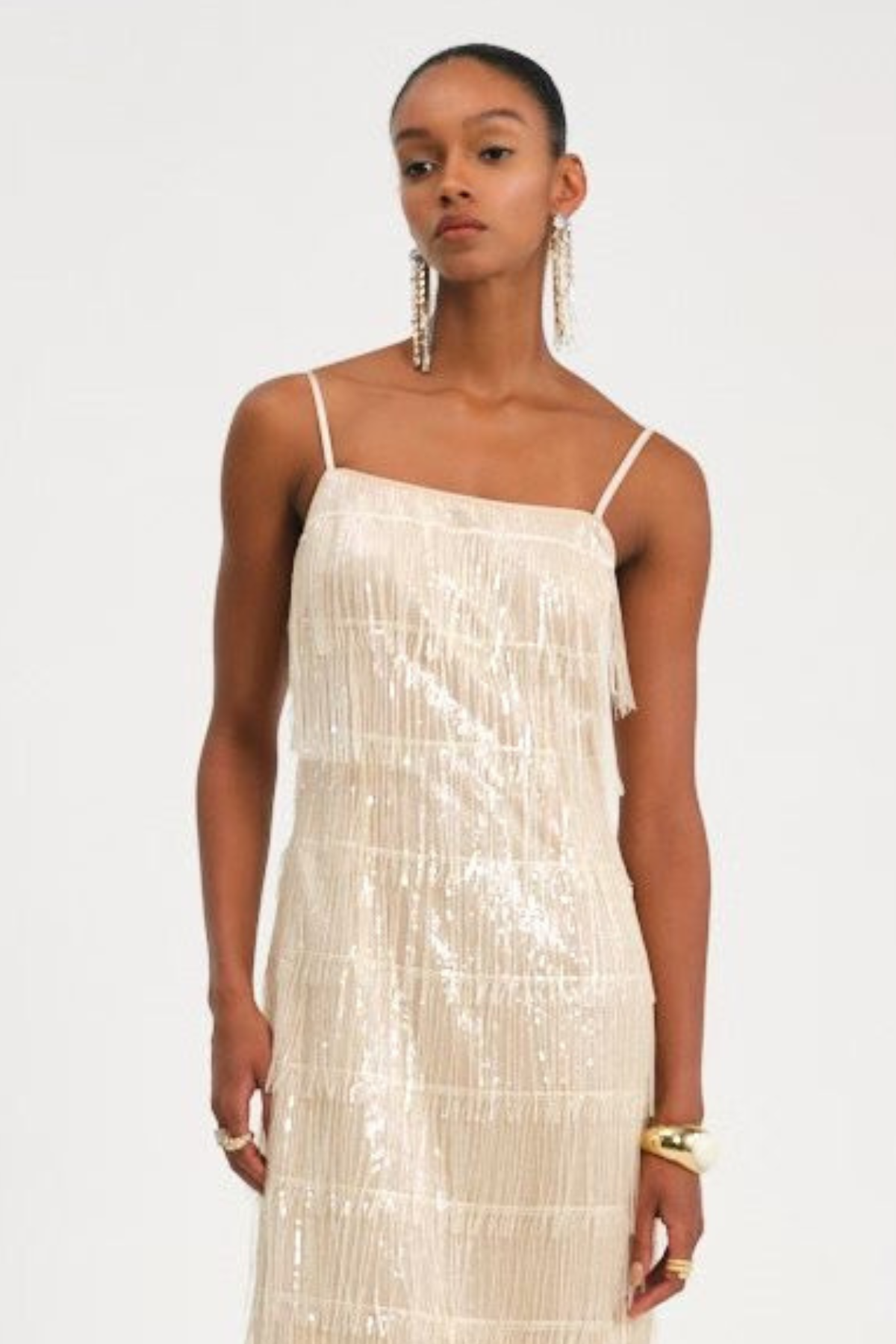 Basma Sequin Fringe Maxi Dress - Beige