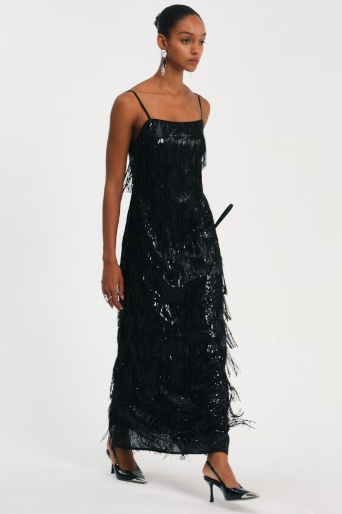 Basma Sequin Fringe Maxi Dress - Black
