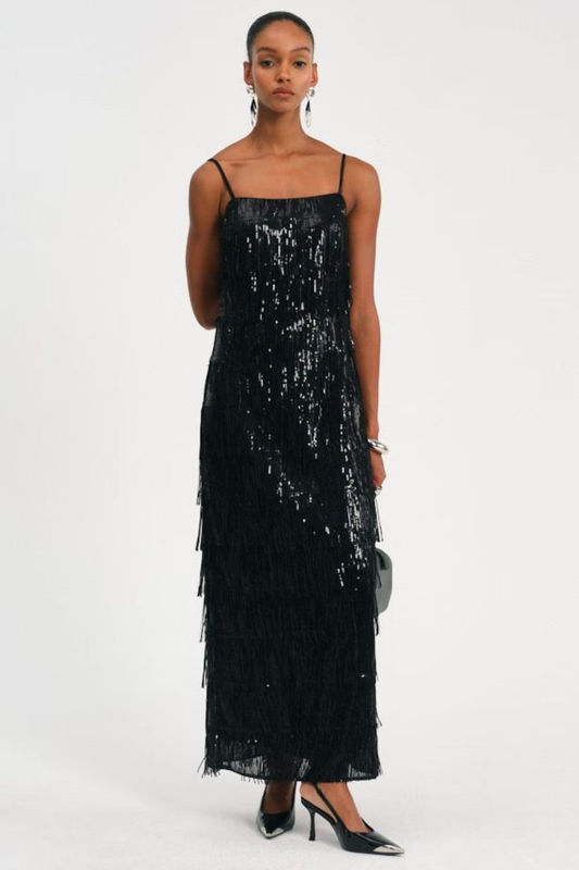 Basma Sequin Fringe Maxi Dress - Black