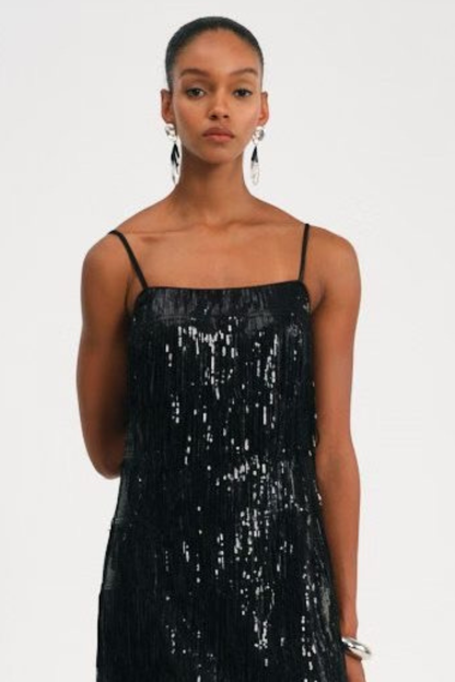 Basma Sequin Fringe Maxi Dress - Black