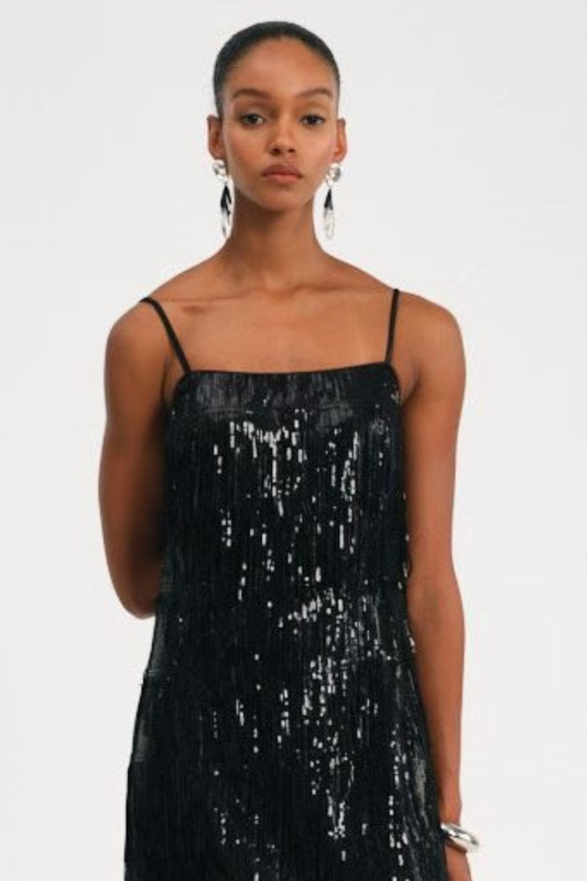Basma Sequin Fringe Maxi Dress - Black