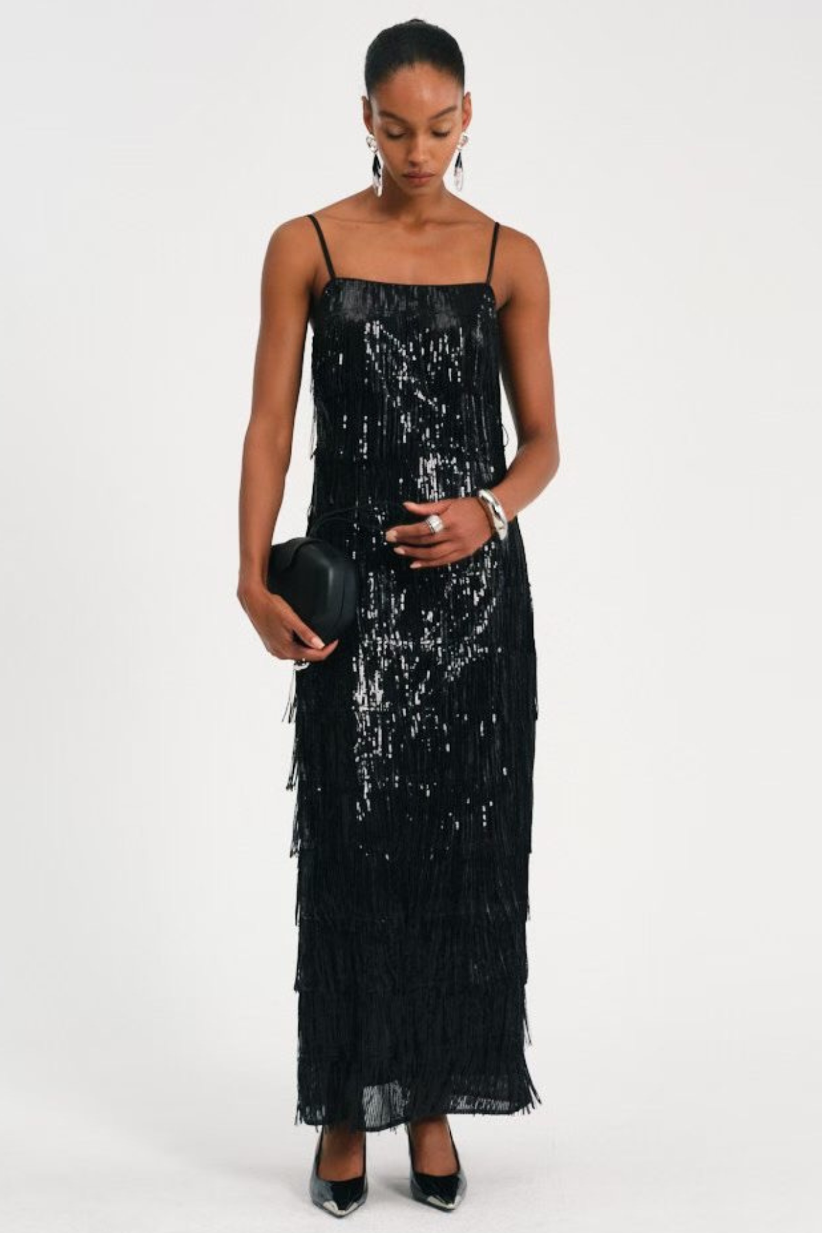 Basma Sequin Fringe Maxi Dress - Black