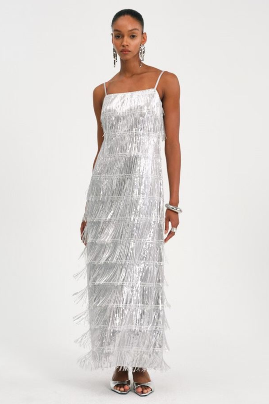 Basma Sequin Fringe Maxi Dress - Silver