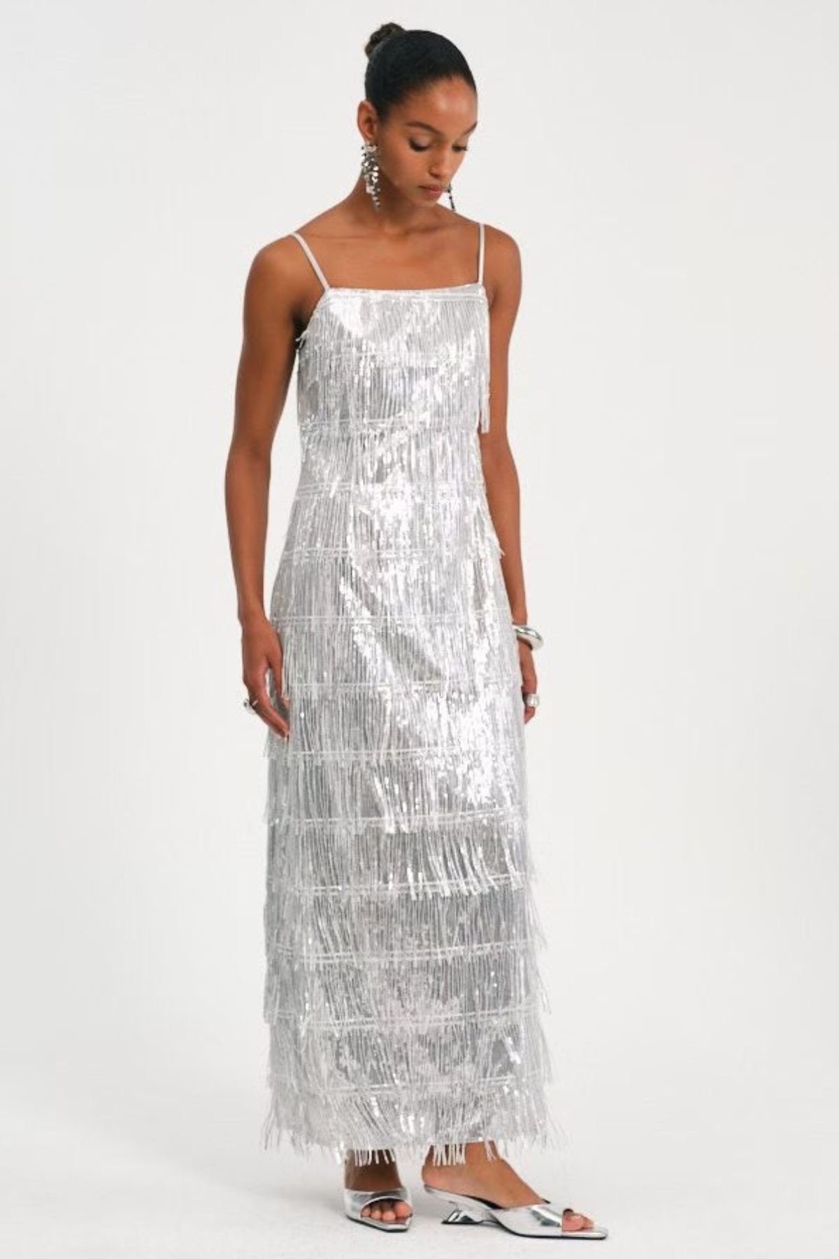 Basma Sequin Fringe Maxi Dress - Silver