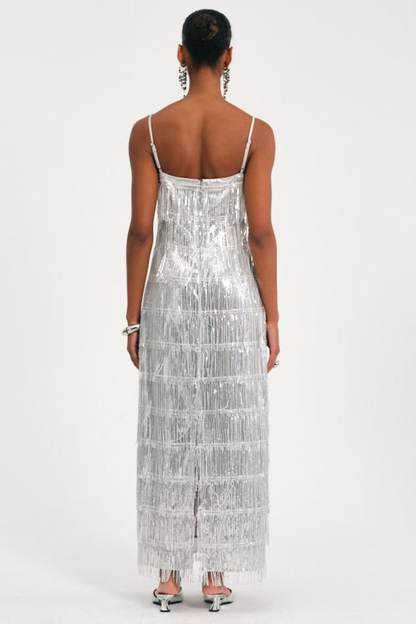 Basma Sequin Fringe Maxi Dress - Silver