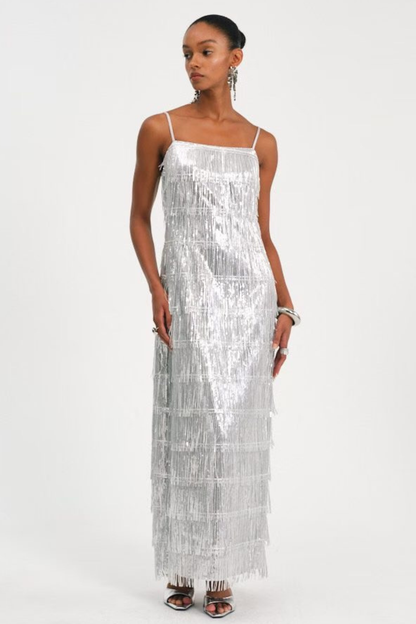 Basma Sequin Fringe Maxi Dress - Silver